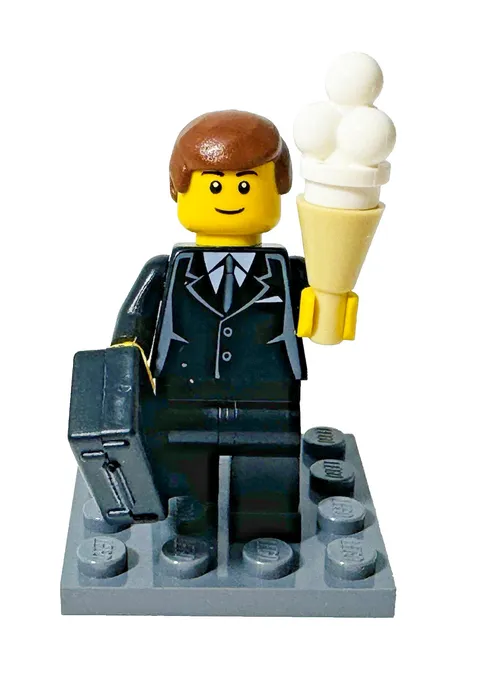 LEGO Business Man Black Suit Minifigure with Suitcase & Ice Cream Cone