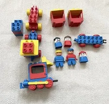 Vintage Lot of Lego DUPLO Train Cars, Conductor, Pilot, Elephant, Blocks, Pieces
