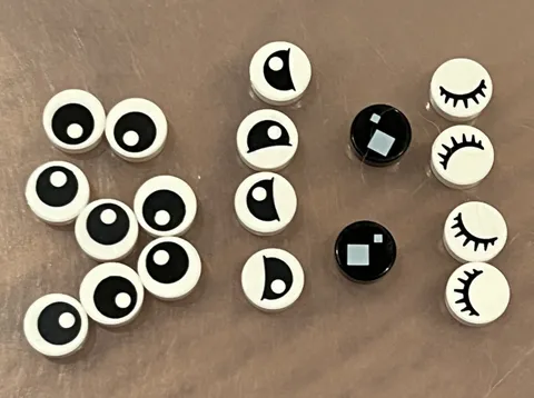 LEGO Parts: Set of 18 1x1 Round Printed Tiles of Eyes, Eye Balls, Eyelashes