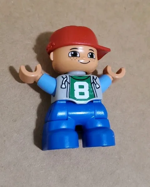 LEGO Duplo Boy Figure Red Cap Green Hoodie Number 8 Blue Pants Minifigure