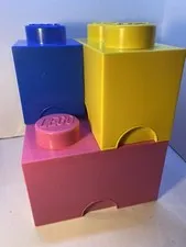 3 LEGO Pink Blue Yellow Stackable Storage Brick Container Block 10" x 10" x 7"