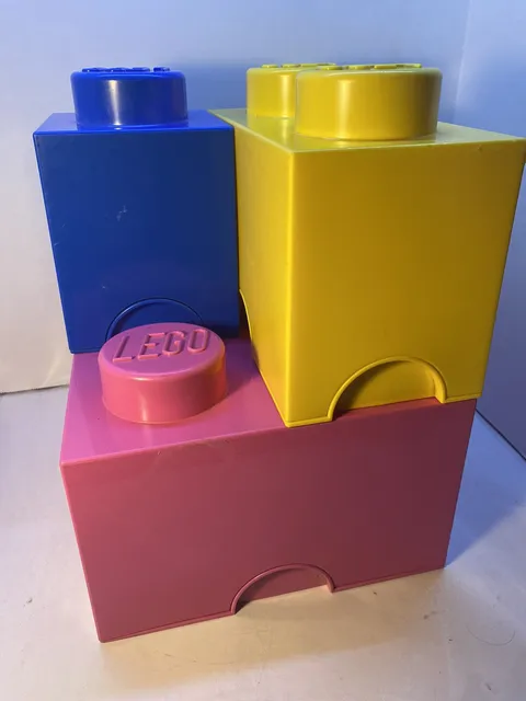 3 LEGO Pink Blue Yellow Stackable Storage Brick Container Block 10" x 10" x 7"