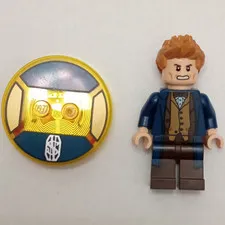 LEGO Minifigure w/ Brown Hair, Blue Jacket & Tan Vest + Round Printed Tile