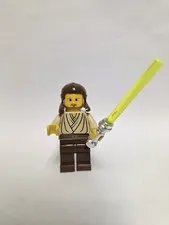 Star Wars LEGO minifigure Qui-gon Jin- Sw0027 w/ Green Light Saber, No Cape