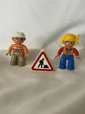 LEGO DUPLO Construction Worker Figures Lot of 2 w/ Road Work Warning Sign