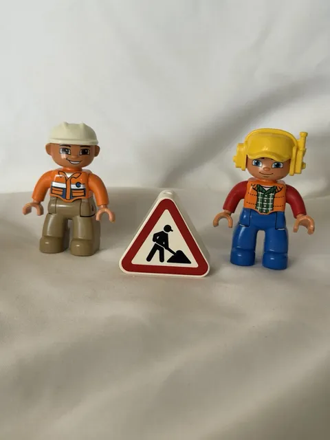 LEGO DUPLO Construction Worker Figures Lot of 2 w/ Road Work Warning Sign