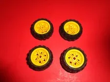 LEGO Parts - 4 Black Rubber Tires Yellow Wheel Rims