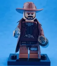 NEW Lego Cowboy w Custom Trench coat bandit Wide Brim Hat Brick Arms Gun Bottle