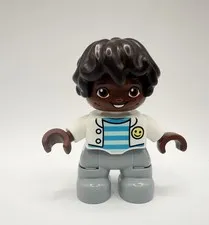 Lego Duplo Figure Boy, White Jacket With Smiley Face, African American