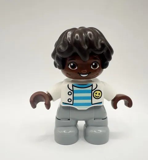 Lego Duplo Figure Boy, White Jacket With Smiley Face, African American