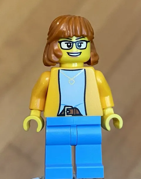 LEGO City Town Girl Female Minifig, Glasses Necklace & Belt Pattern Blue Legs
