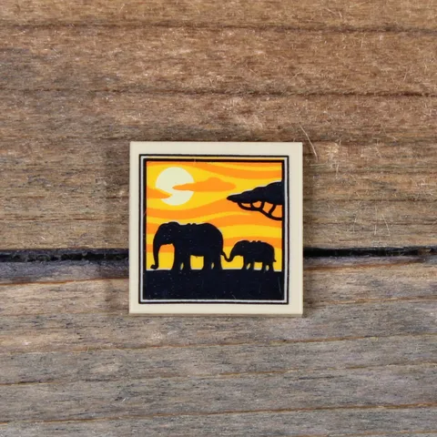 LEGO Tan Tile 2 x 2 with 2 Elephants, Tree and Sunset Pattern 3068pb1644