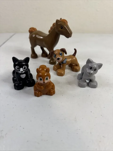 DUPLO Animals Lot of 5 / Horse, Black Cat, Grey Cat, Dog & Brown Squirrel.  LEGO