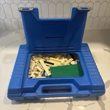 Vintage 1985 Lego Carrying Case Blue Box W/ 1.3Lbs LEGO Pieces Toy Carrier READ