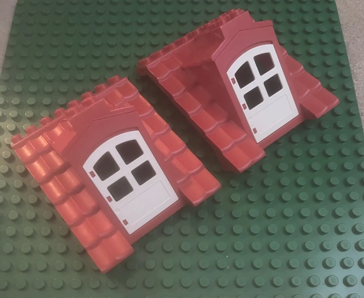 Lego Duplo - Lot Of (2) Large Red House Roof Pieces  With Hinged Doors