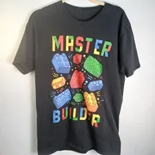 Master Builder Men's Large T-shirt Lego Bricks L Black Graphic Print Tee