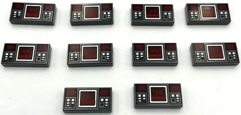 Lego 10 New Dark Bluish Gray Tiles 1 x 2 with SW Dark Red Target Screen Pieces