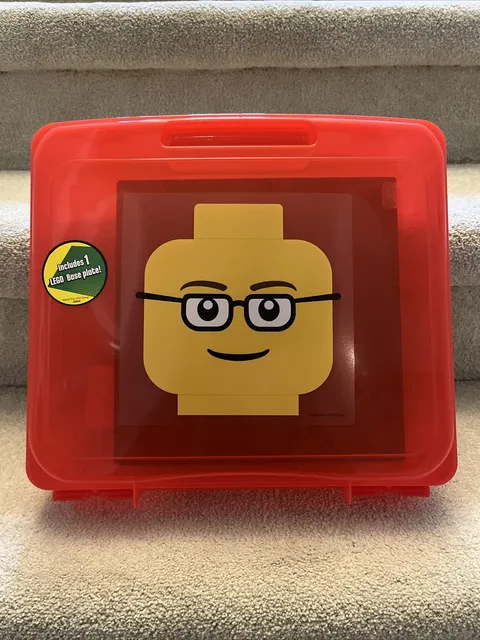 Lego~ Red Storage Case~ Head With Glasses W/ Original Green Base Plate