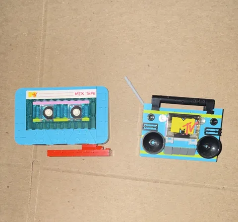 Knockoff Lego MTV Blue Mix Tape Cassette Tape & Boombox Buildable Display Model