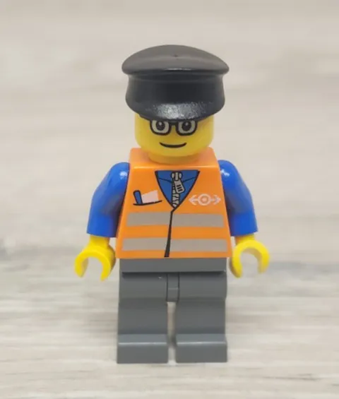 Lego trn120 Orange Vest with Safety Stripes Dark Bluish Gray Legs Minifigure