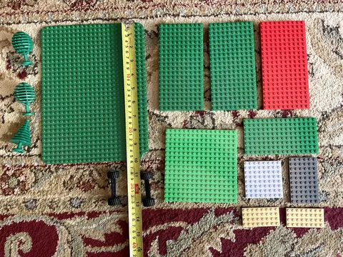 Lot of Misc. Lego 6 base plates and 4 smaller pieces, 2 pairs of wheels, 3 trees