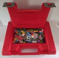 Vintage 1985 Red Hard Plastic Lego Carry Case with Assorted Lego Blocks