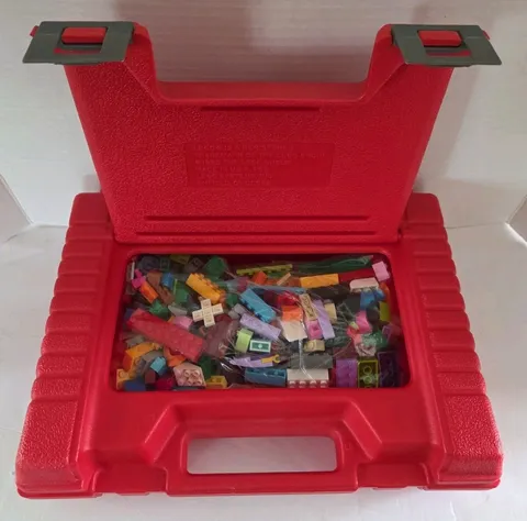 Vintage 1985 Red Hard Plastic Lego Carry Case with Assorted Lego Blocks