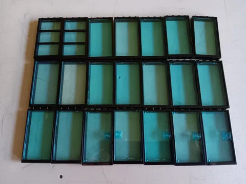 LEGO BULK LOT 21 BLACK WINDOW DOORS FRAMES TRANS BLUE PANES 1X4X6