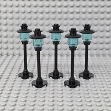 Lot of 5 Lego Street Light Pole Lamp Trans-Light Blue Globe Round Base City Town