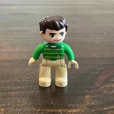 LEGO Duplo Boy Figure Green Striped Shirt Tan Pants Brown Hair 2.5 Inch