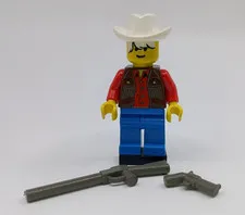 LEGO Western Cowboy Zak Minifigure White Hat Red Shirt Blue Legs w/ 2 Guns 