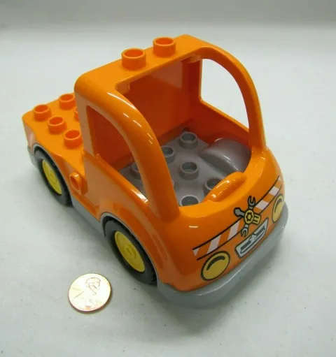 Lego Duplo ORANGE FLATBED TRUCK Headlights & Tools Mechanic Logo Car Vehicle #2