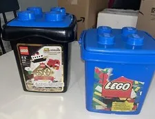Lot of 2 Lego Classic EMPTY TUB Brick Case 4 Stud Holder BLACK And Blue w/ lids