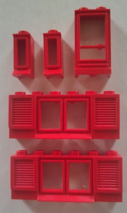  2 LEGO Red Windows 1 x 6 x 2 with Shutters,  2 Windows 1x1x2 ,  1 Door W/Glass