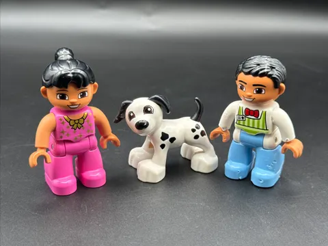 Lot of 3 Lego Duplo Figures Boy, Girl And White Dog W/ Black Spots