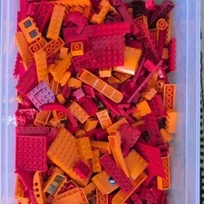 LEGO Bulk Lot Red, Orange Blocks, Plates,Etc..Tiles, Singles,Glass 3.8 Lbs.