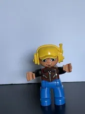 LEGO DUPLO Pilot Aviator Figure Yellow Helmet Headset Brown Vest Blue Legs