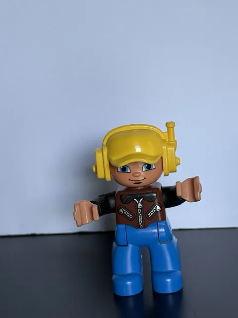 LEGO DUPLO Pilot Aviator Figure Yellow Helmet Headset Brown Vest Blue Legs