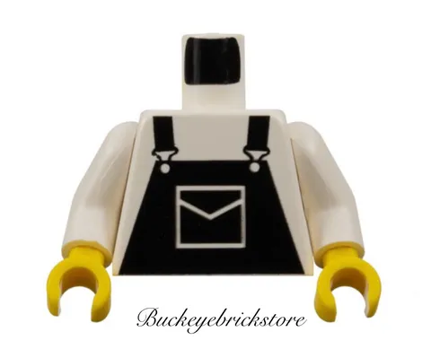 Lego Minifig TORSO BLACK OVERALLS White Shirt w/Pocket Classic Town Rare