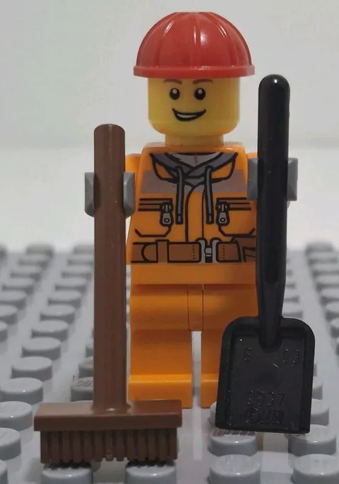 Lego Construction Worker Minifigure Safety Jacket Hoodie Broom & Shovel