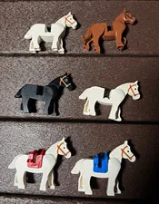 LEGO 6 Horses Animal Lot  White Brown Black Horses Red Blue Saddles 