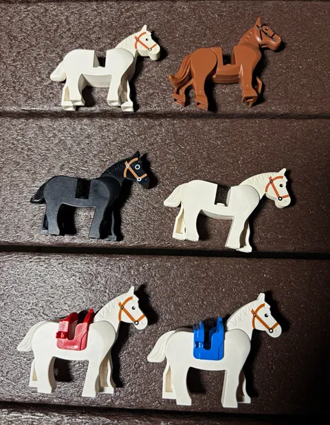 LEGO 6 Horses Animal Lot  White Brown Black Horses Red Blue Saddles 