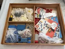 Vintage 1960s Lego Wooden Box - Bricks, Instructions, Sets, Old Electronics LOT