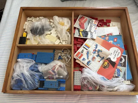 Vintage 1960s Lego Wooden Box - Bricks, Instructions, Sets, Old Electronics LOT
