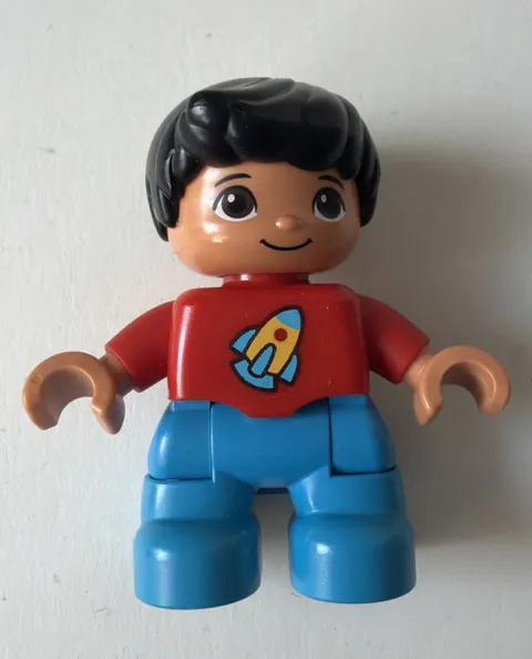 Lego Duplo Figure Kid Boy Brown Hair Red Shirt With Rocket