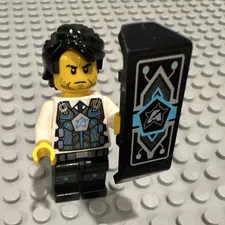 LEGO Minifigure Black Hair Stubble Face Blue/White Torso w/ Armor Shield