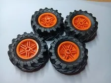 LEGO LOT 4 BLACK TIRES WHEELS 56X26 TRACTOR ORANGE RIMS 56145 / 70695