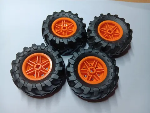 LEGO LOT 4 BLACK TIRES WHEELS 56X26 TRACTOR ORANGE RIMS 56145 / 70695