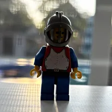 LEGO Minifigure w/ Black Helmet, Blue Legs, Red/White Torso Outfit