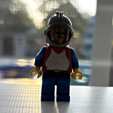LEGO Minifigure w/ Black Helmet, Blue Legs, Red/White Torso Outfit
